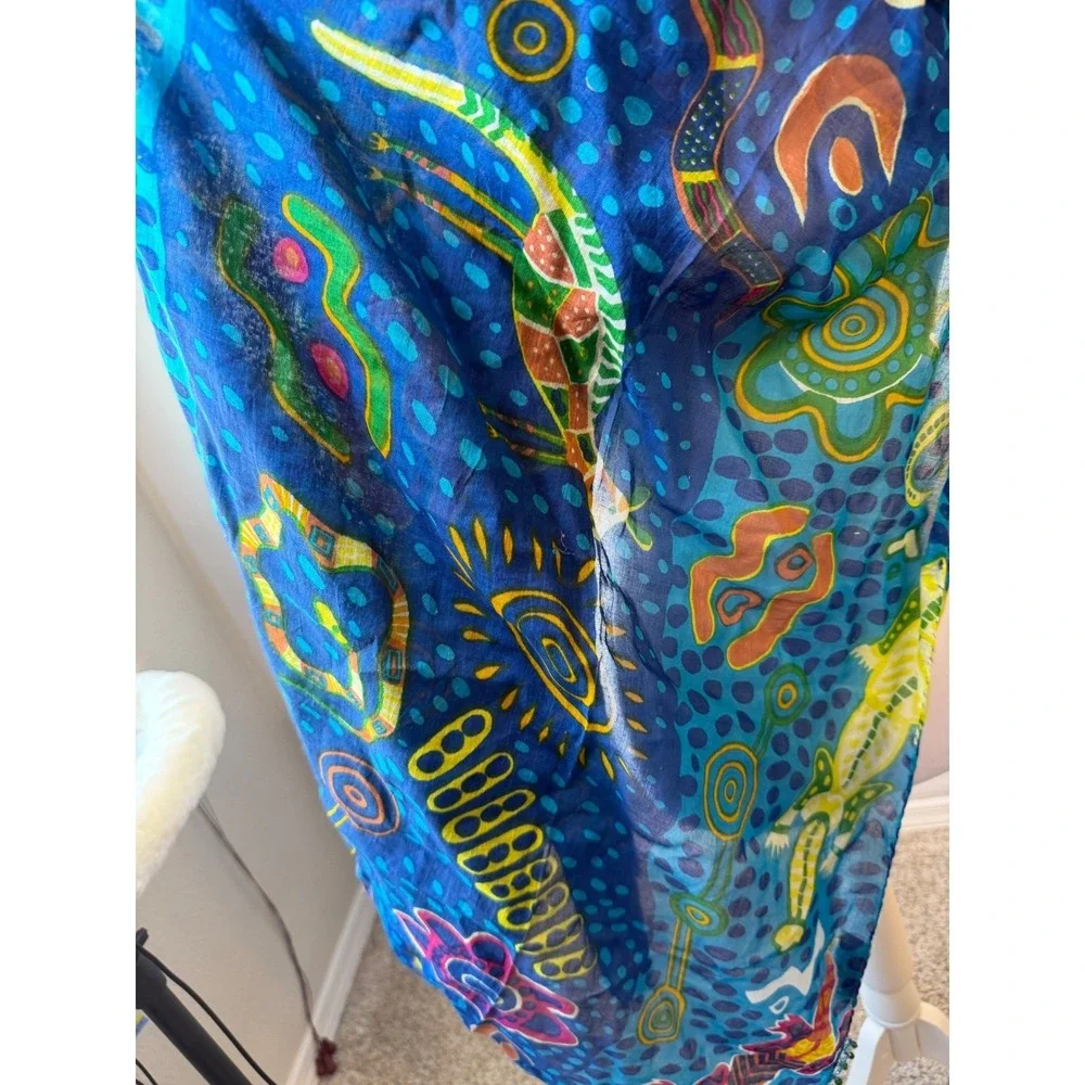 Jasmine by K.V.M. Blue Cotton Beaded Trim Animal Print Scarf Wrap Sarong India